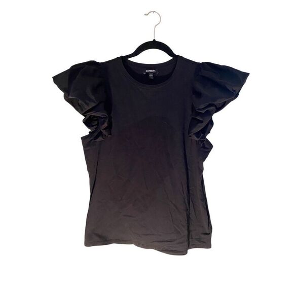 Express women’s ruffle sleeve statement, black T-shirt, top size large - Picture 1 of 4